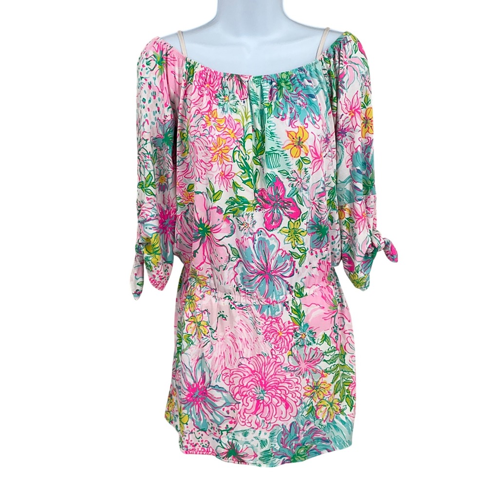 Lilly Pulitzer Romper Dress Women XS Pink Floral Off Shoulder Tie Sleeve Coastal